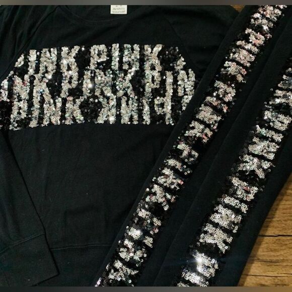 PINK VS SILVER LOGO BLING SWEATSHIRT/ JOGGER PANTS OUTFIT SET M - Picture 14 of 14